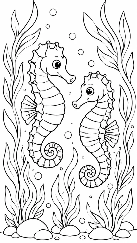 Seahorses Kelp Forest coloring page printable line art