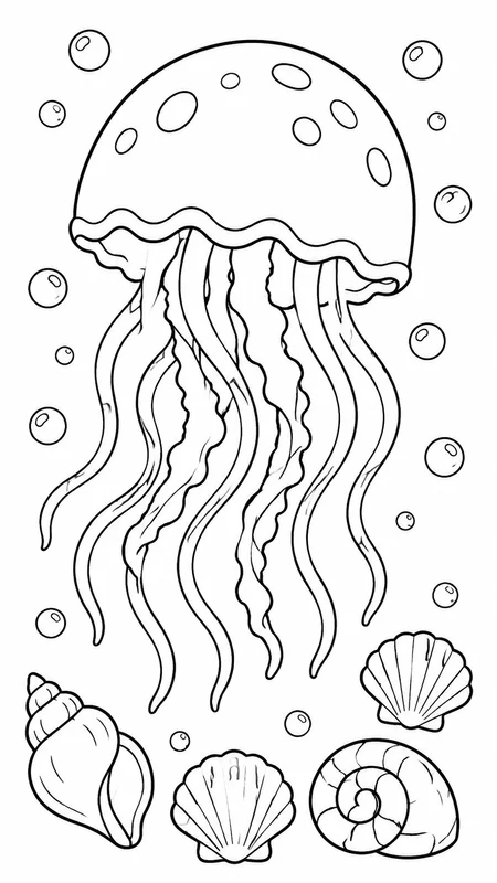 Jellyfish Seashell Drift coloring page printable line art