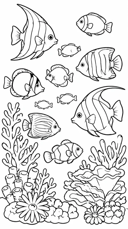 Tropical Fish Coral Reef coloring page printable line art